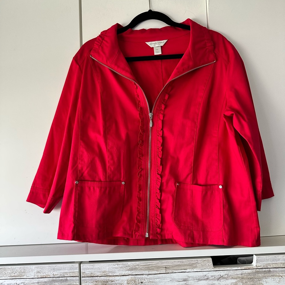 ❤️ Christopher & Banks Petite Red Ruffle Zip Jacket P/XL Utility Stretch